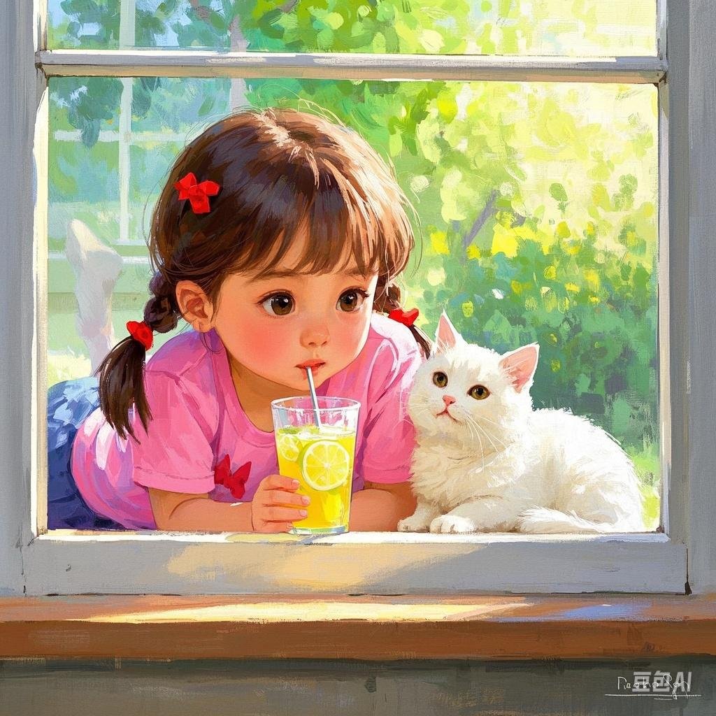 小女孩躺在窗台上,边喝着柠檬汁边逗着旁边的白猫,真是悠闲自在的一天