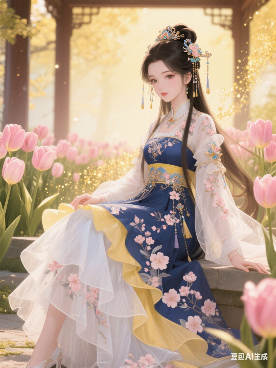 中国动漫风格,画面主体是全身布满桃花花纹的女孩