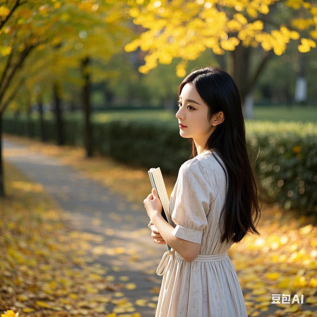 秋天的公园里,女孩拿着书,走着落叶铺成的小路,阳光洒在身上,暖洋洋的