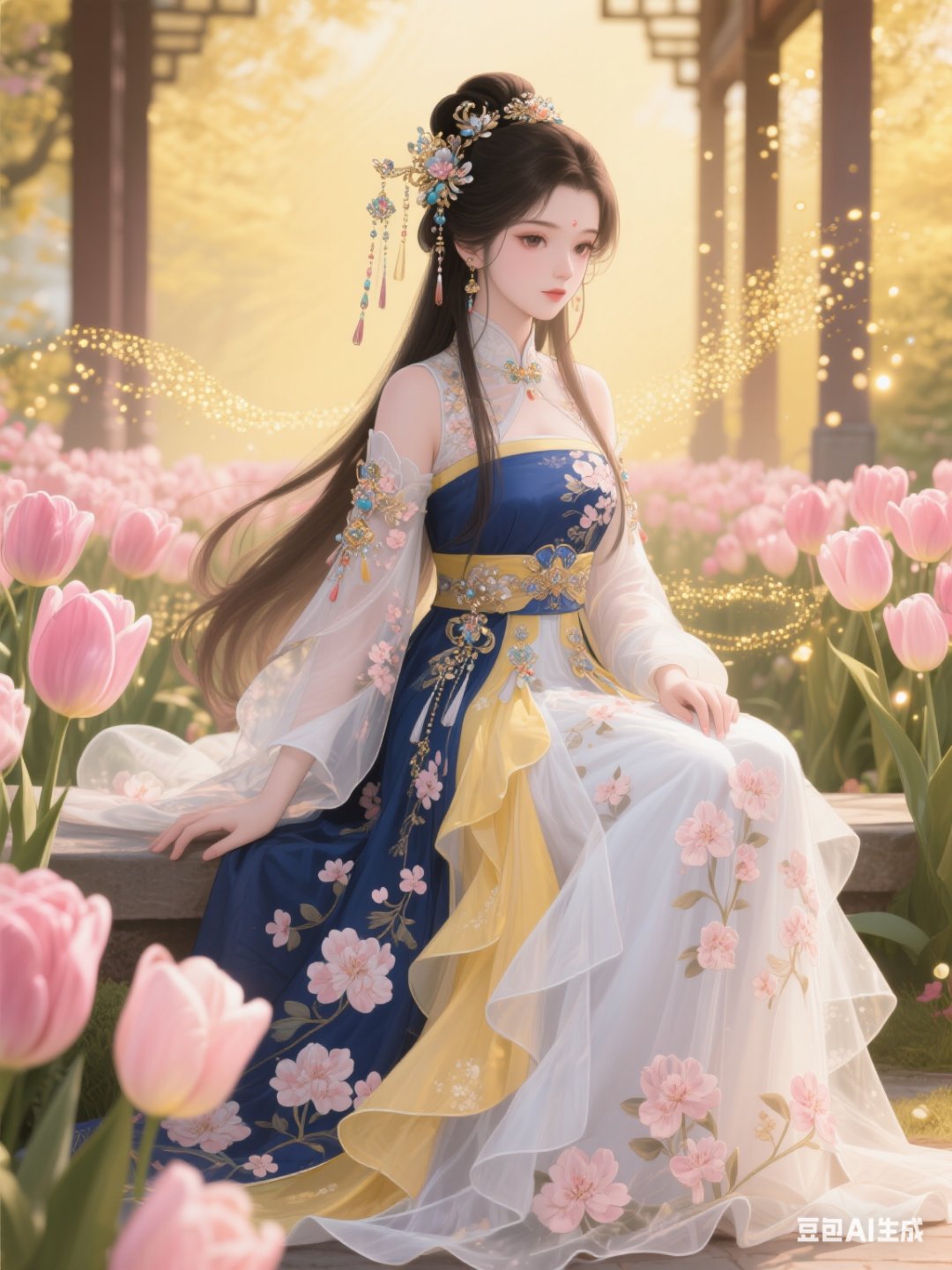 中国动漫风格,画面主体是全身布满桃花花纹的女孩