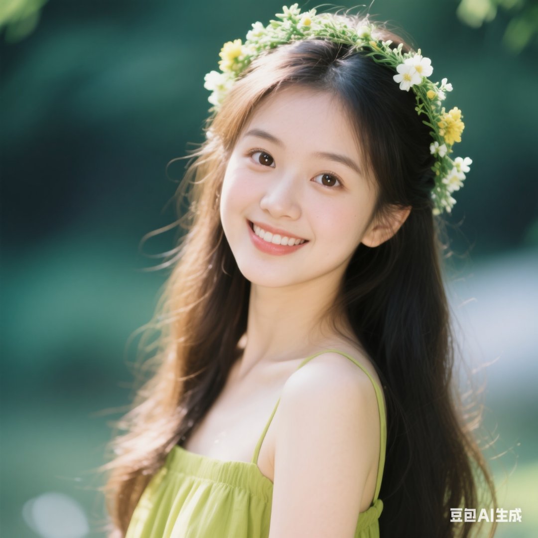 有着清新气质,可爱甜美的女孩穿着黄绿色裙子,头戴花环微笑,长发飘飘