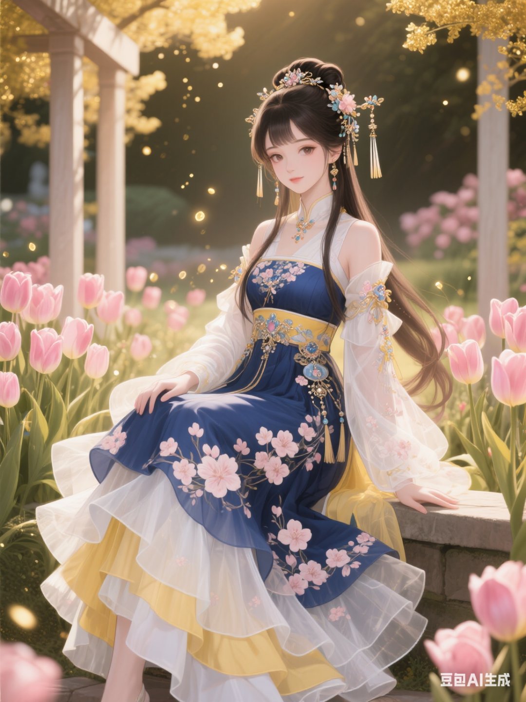 中国动漫风格,画面主体是全身布满桃花花纹的女孩