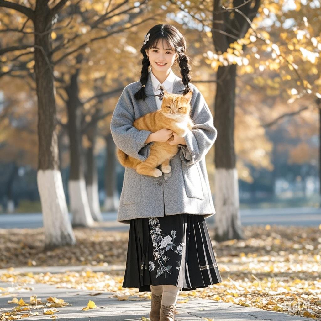 穿着一套墨色山水风格的马面裙,外搭一件浅灰色呢子大衣,怀里抱着猫咪