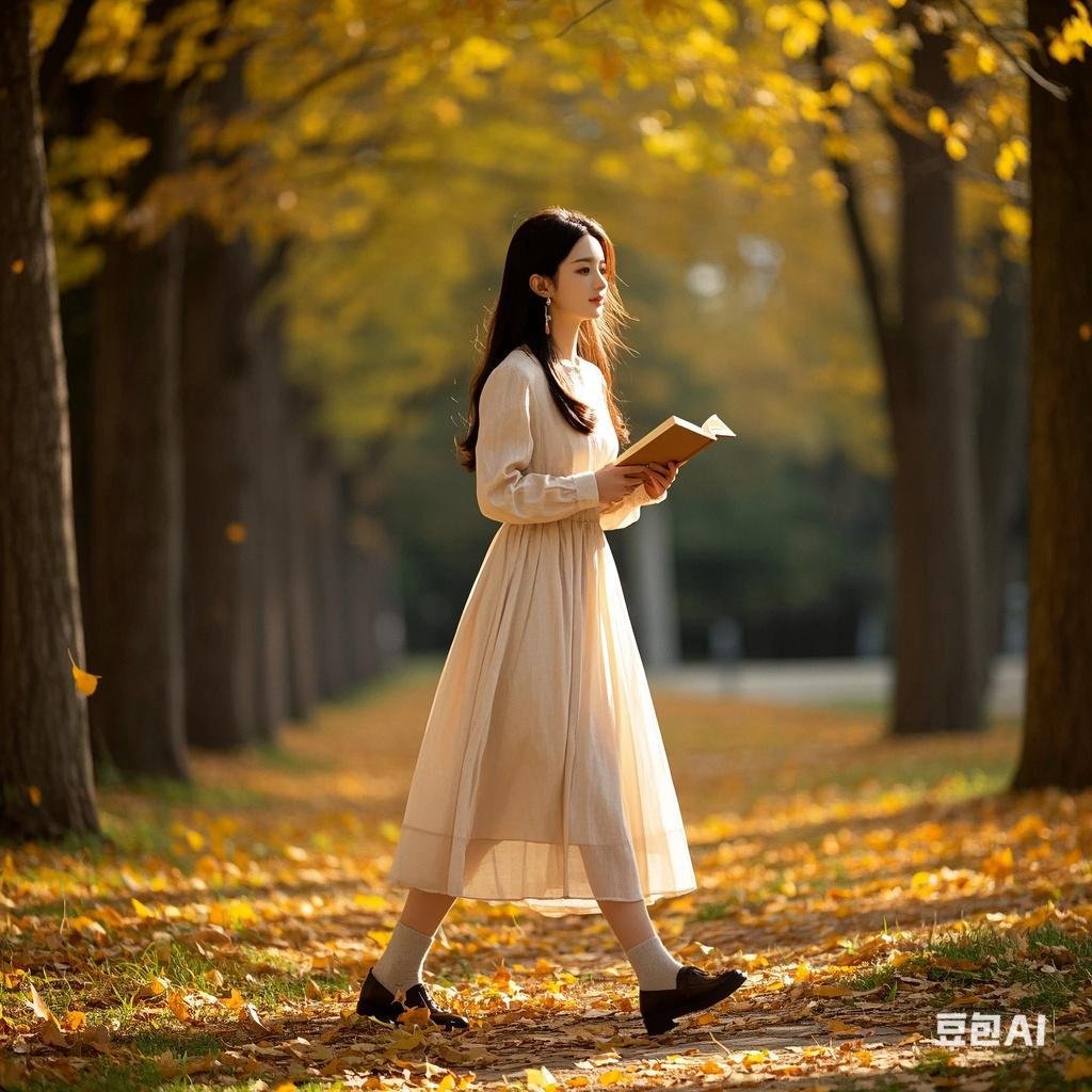 秋天的公园里,女孩拿着书,走着落叶铺成的小路,阳光洒在身上,暖洋洋的