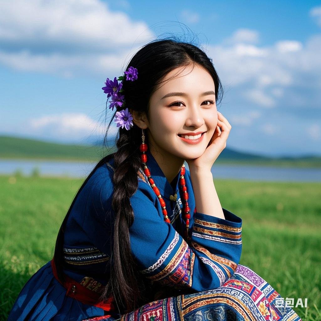 在广阔的绿草地上,女孩微笑着,手托脸颊,享受着大自然的宁静