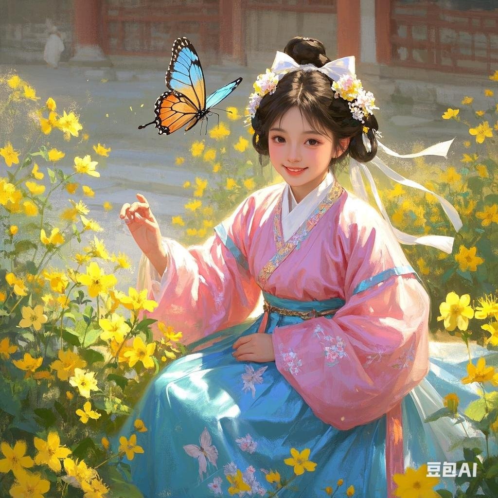 春风轻柔地拂过面庞,女孩置身于绚丽的花丛之中,轻盈地旋转