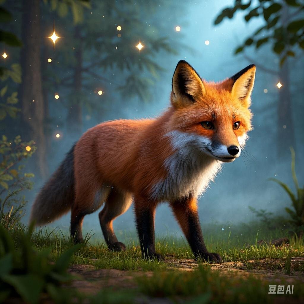 在森林的梦幻光芒中,红狐静静地站在那里,仿佛时间凝固.#烟花迎新年