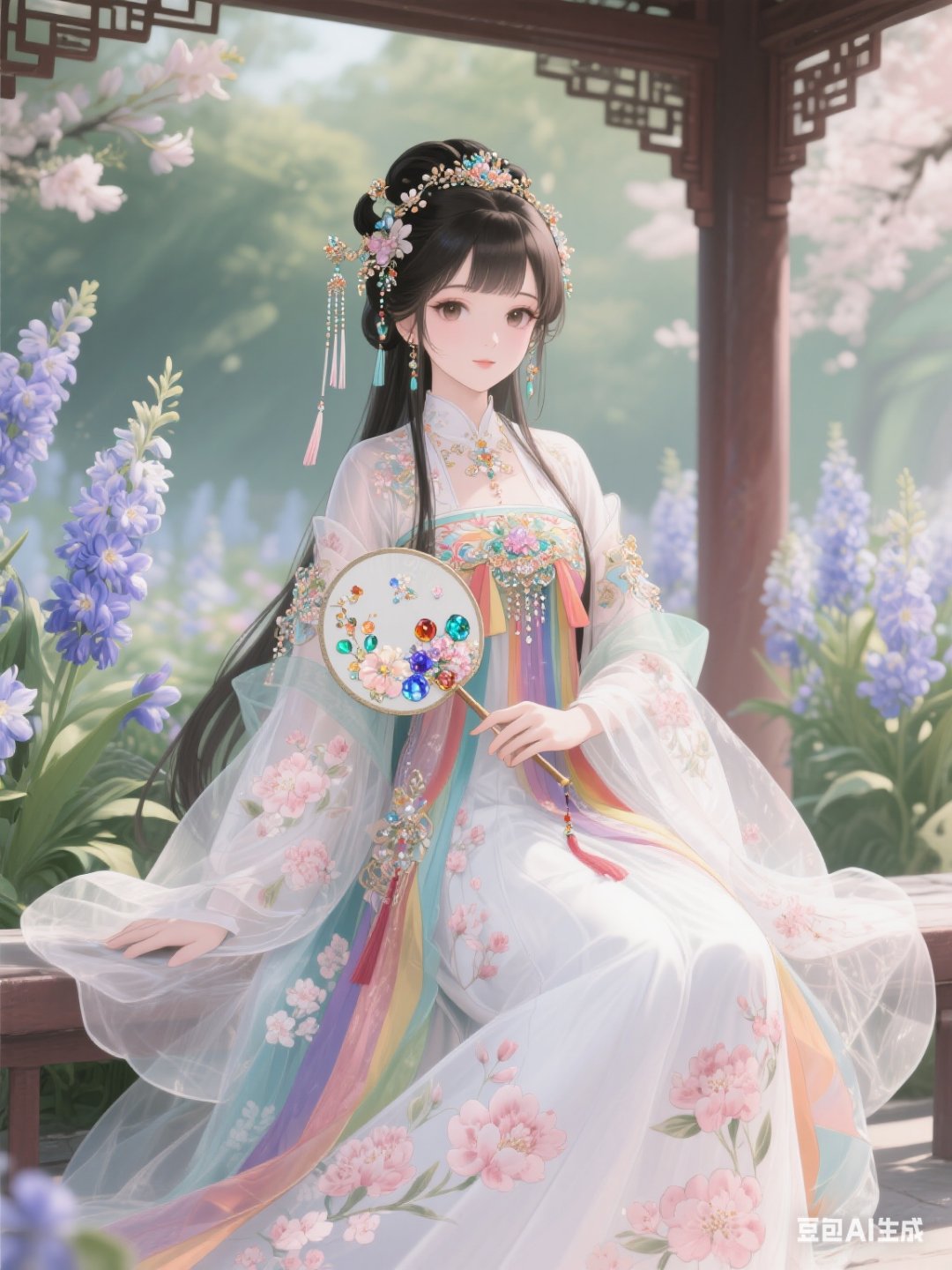 一位全身被奶脂色桃花花纹覆盖的女生,身着十锦色与雪白色的古风大摆