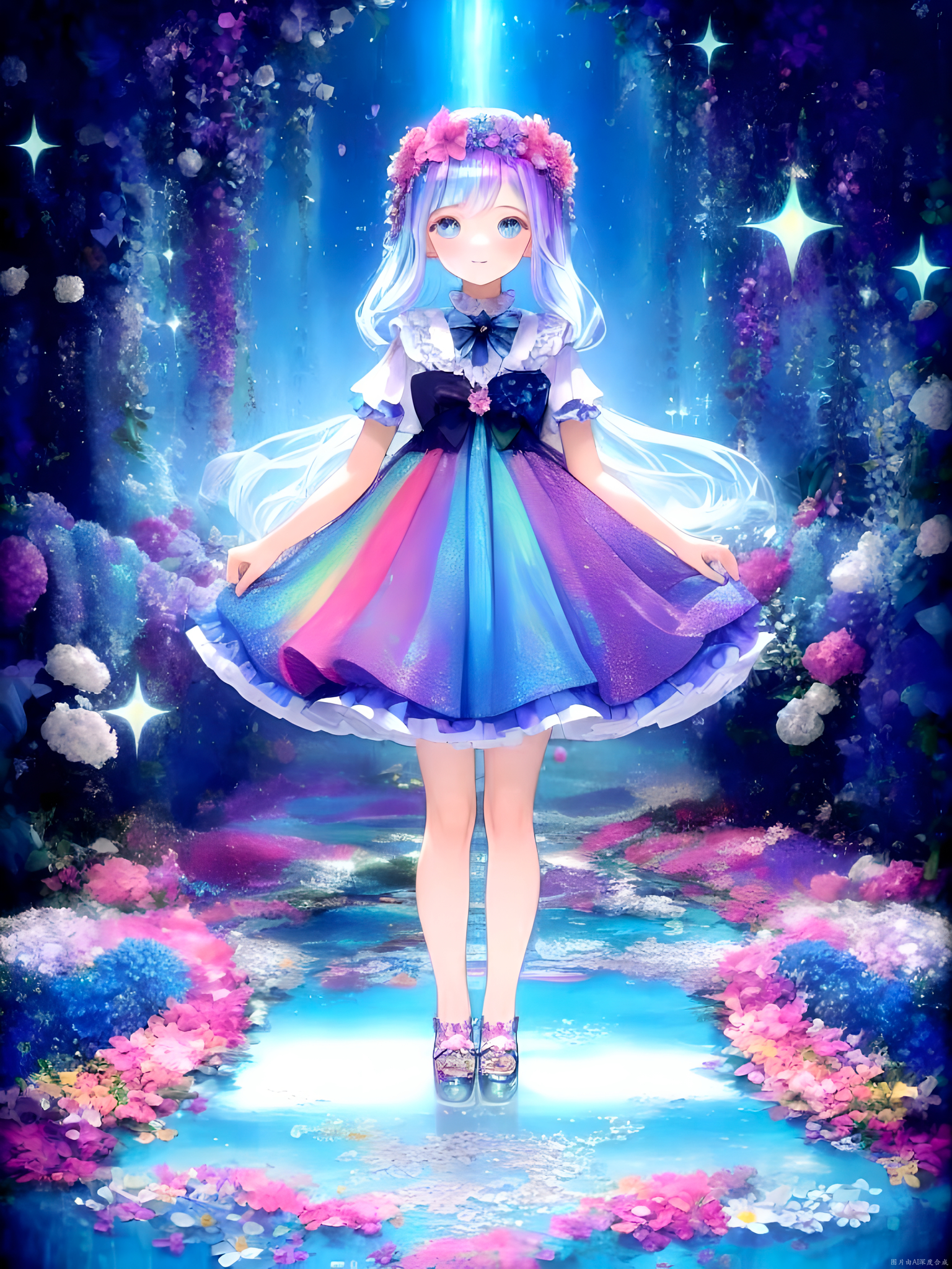 有一位身穿淡紫色连衣裙,头戴花环的动漫美少女