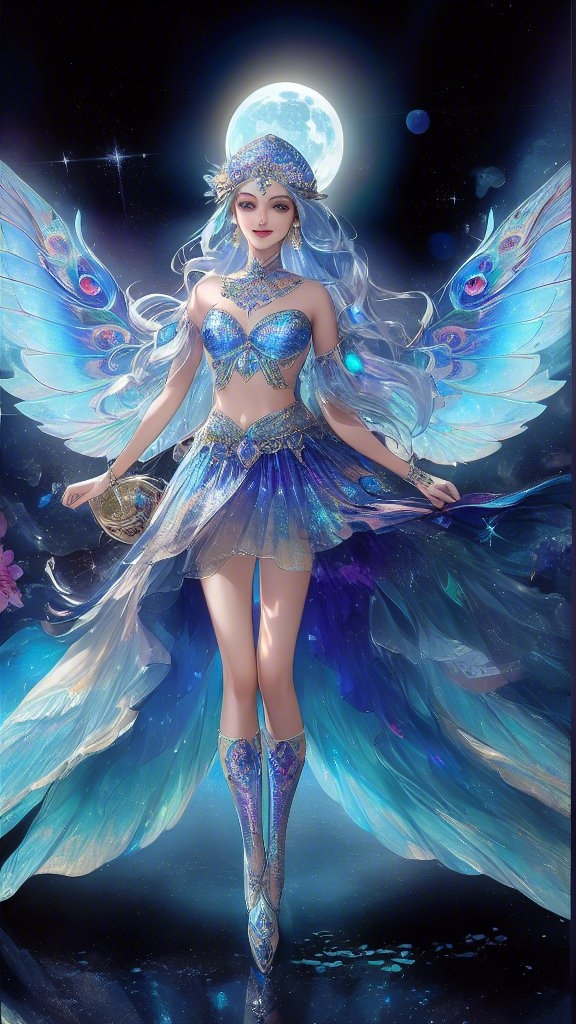 插画中的她,仿佛是从天堂降临的月光精灵,美丽的翅膀