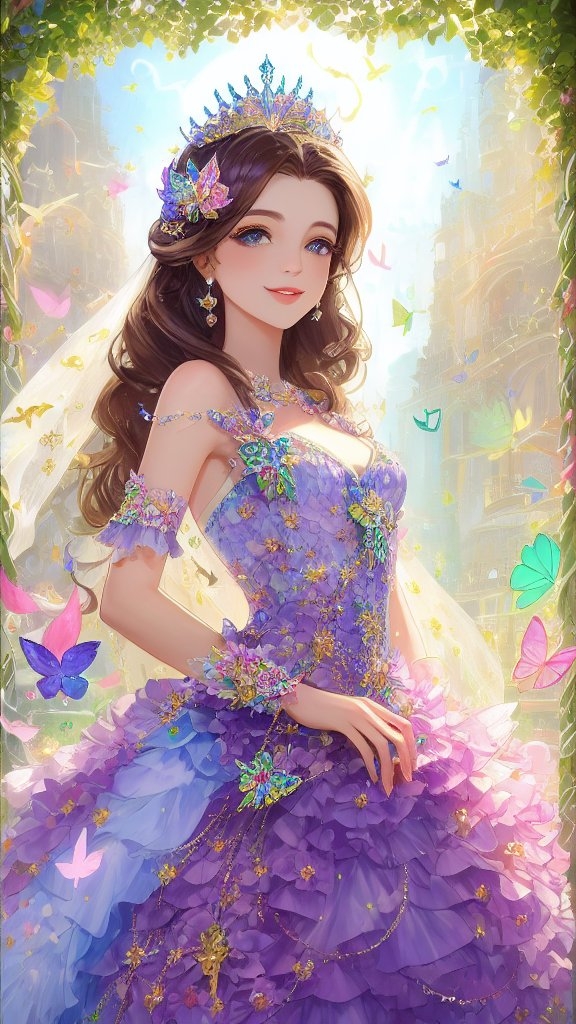 一位年轻女性,身着华丽紫色礼服,犹如夜的公主,优雅而神秘