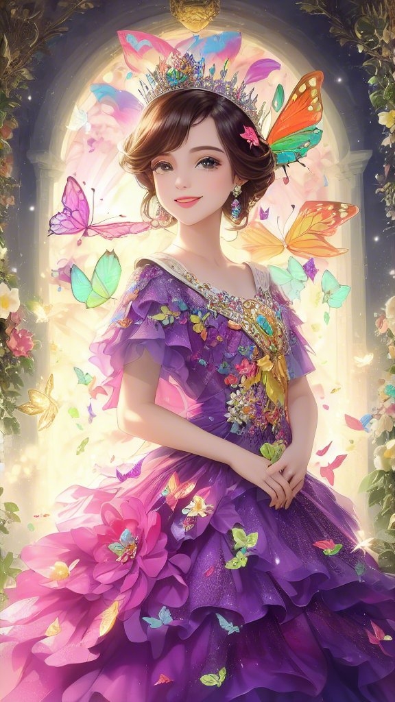 一位年轻女性,身着华丽紫色礼服,犹如夜的公主,优雅而神秘