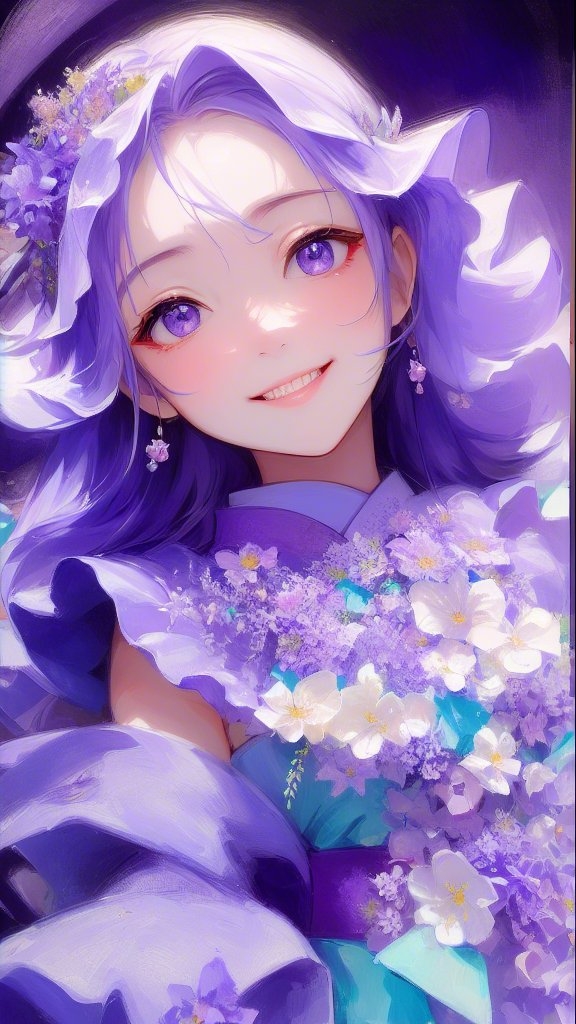 紫色梦境中的甜美女孩95  在这幅梦幻般的画作中,一位身着紫色