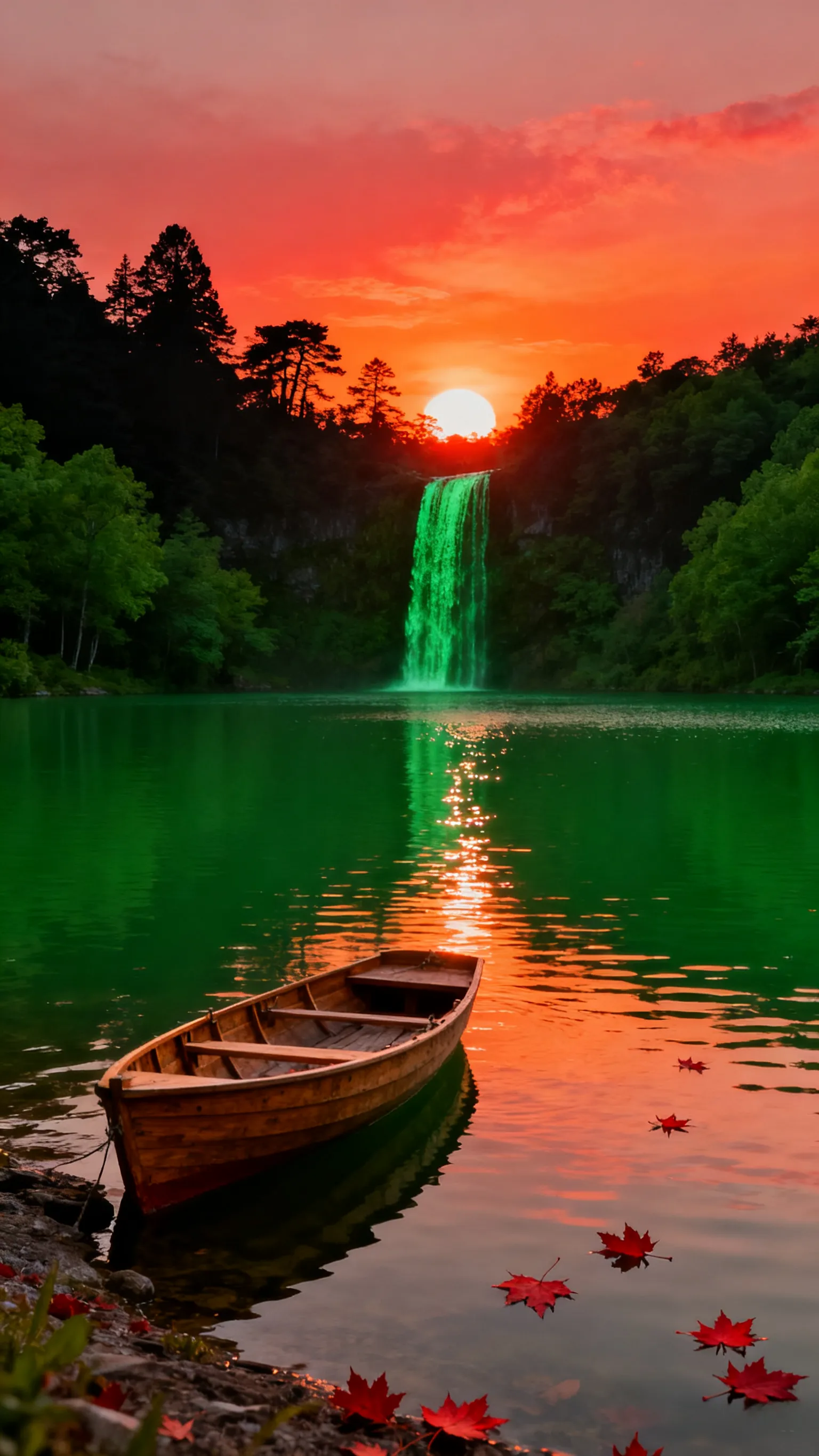 高清手机壁纸 落日余晖中,我划着小船靠近那抹绿得透亮的湖,耳边是