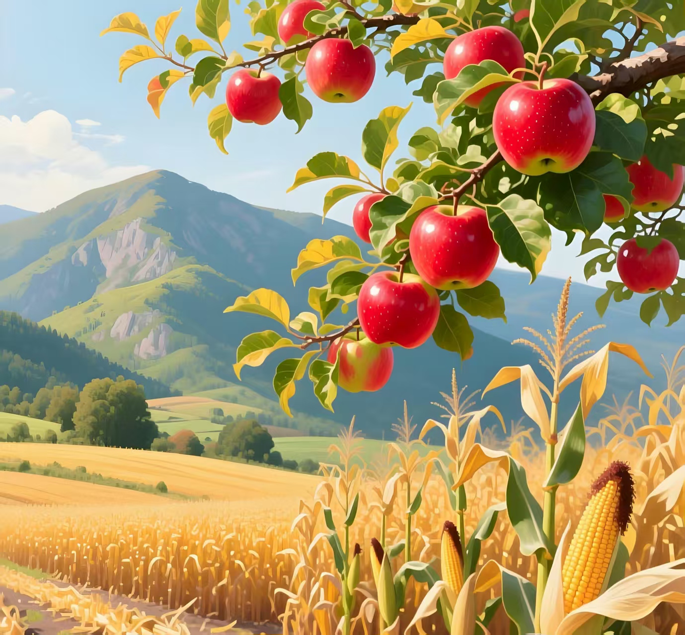 鸭群戏水,岸边金黄的树木倒映在水中,构成一幅宁静和谐的画面