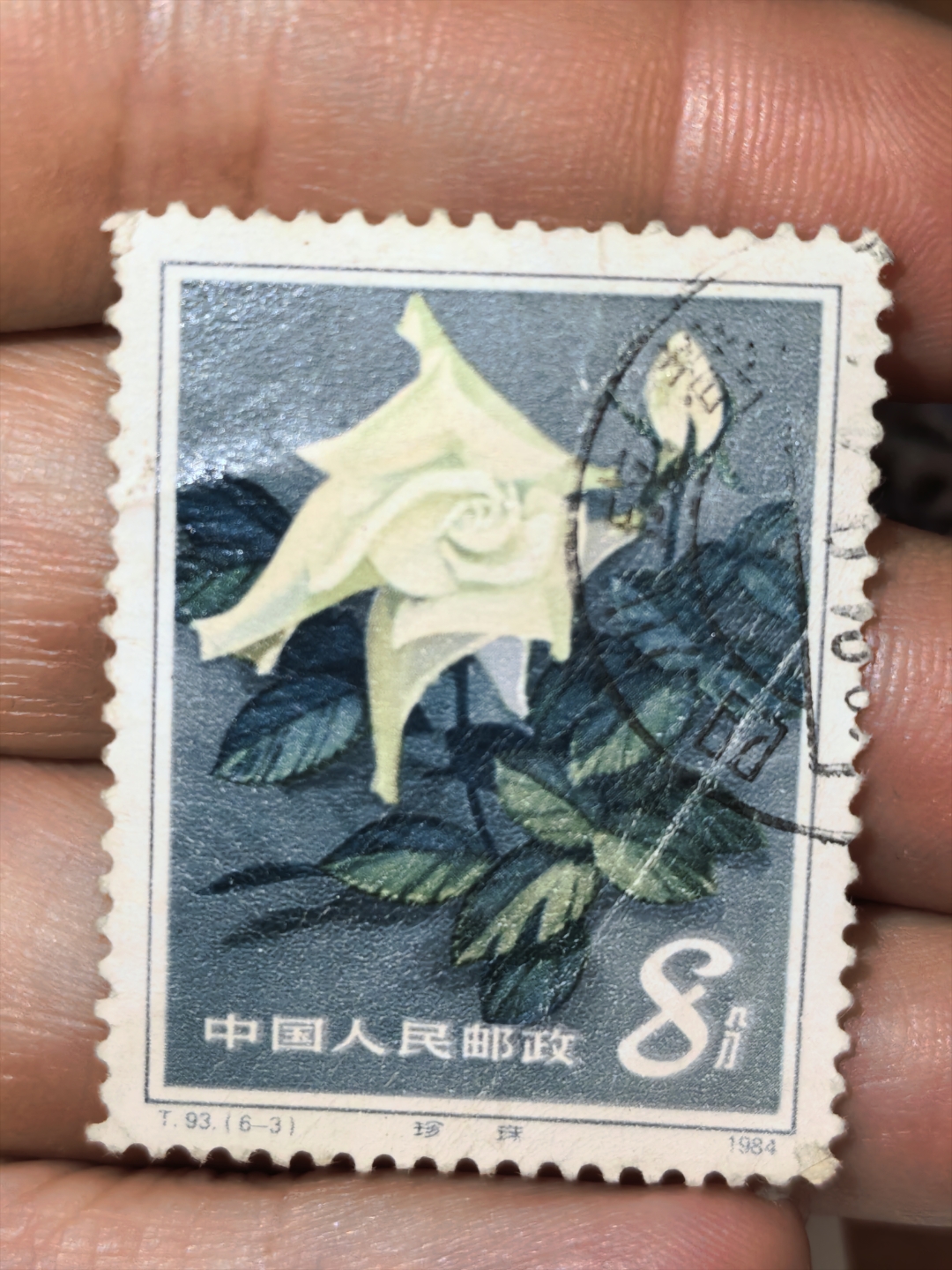 "收到一枚来自中国人民邮政的邮票,上面绘有美丽的花朵,真是赏心悦目