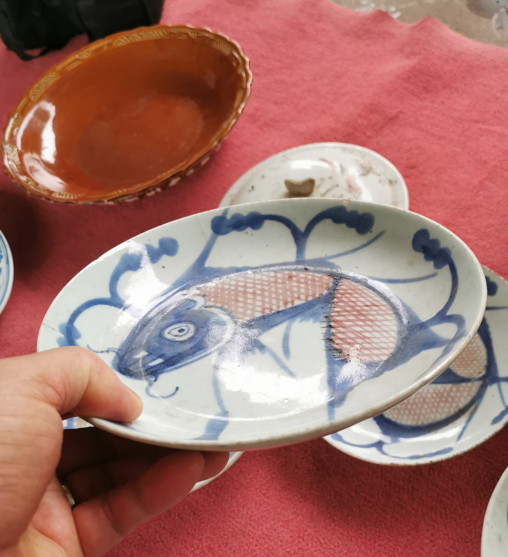 清中期青花釉里红鱼盘,高3.5厘米,盘径21厘米,底径14厘米.