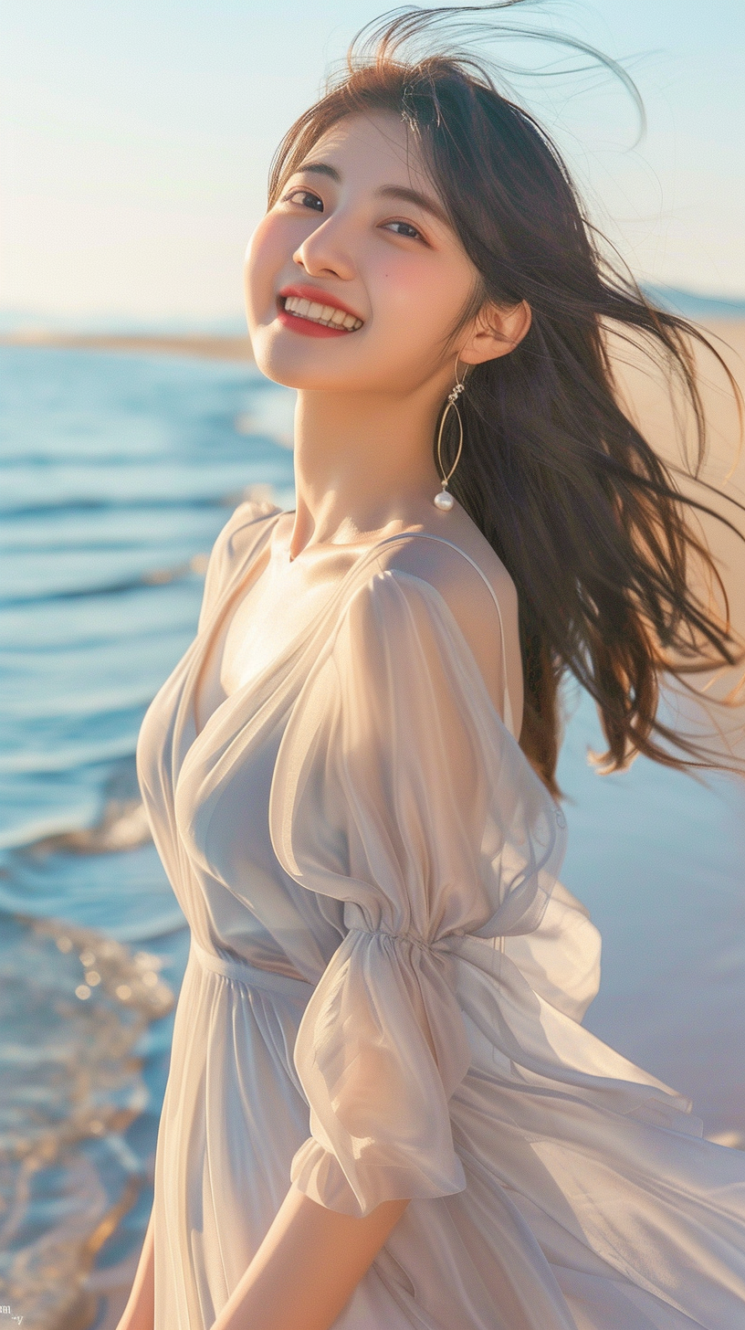 在夏日的海岸线上,一位优雅女子身着浅色长裙,耳畔点缀着精致的饰品