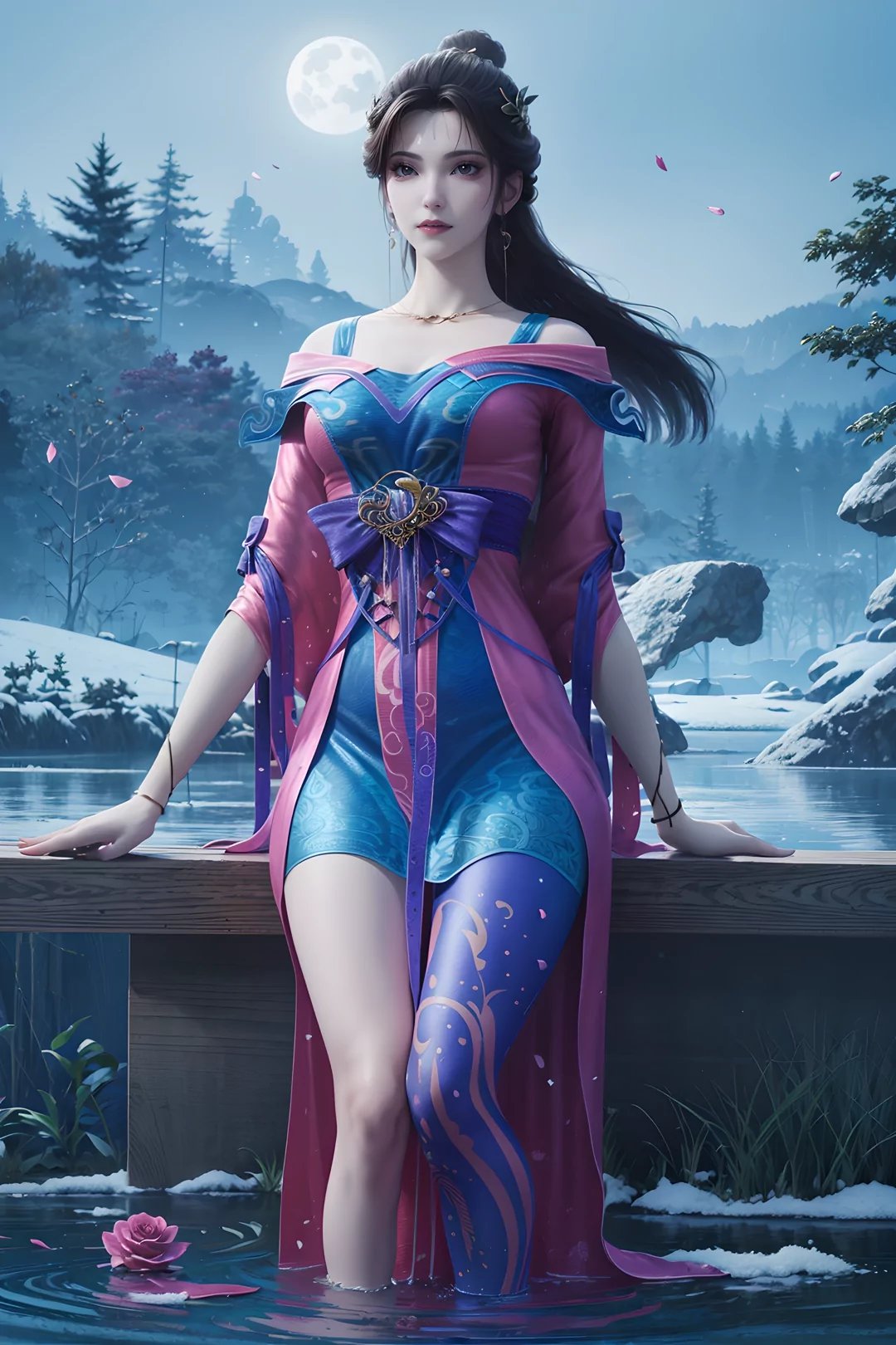 一位女子静立其上,紫蓝长裙随风轻舞,金色装饰熠熠生辉