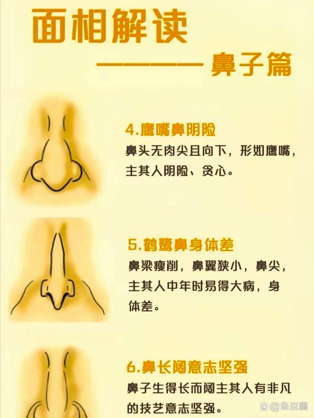 面相看鼻:螂鼻尖小主贫苦,狮鼻丰阔显富贵,缩囊鼻短晚年发,鼻形定运藏