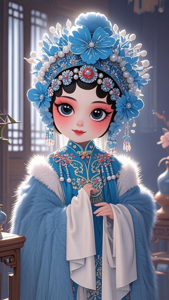 其头戴华丽头饰,以蓝色大花为主,搭配珍珠,珠宝等饰品,尽显精致