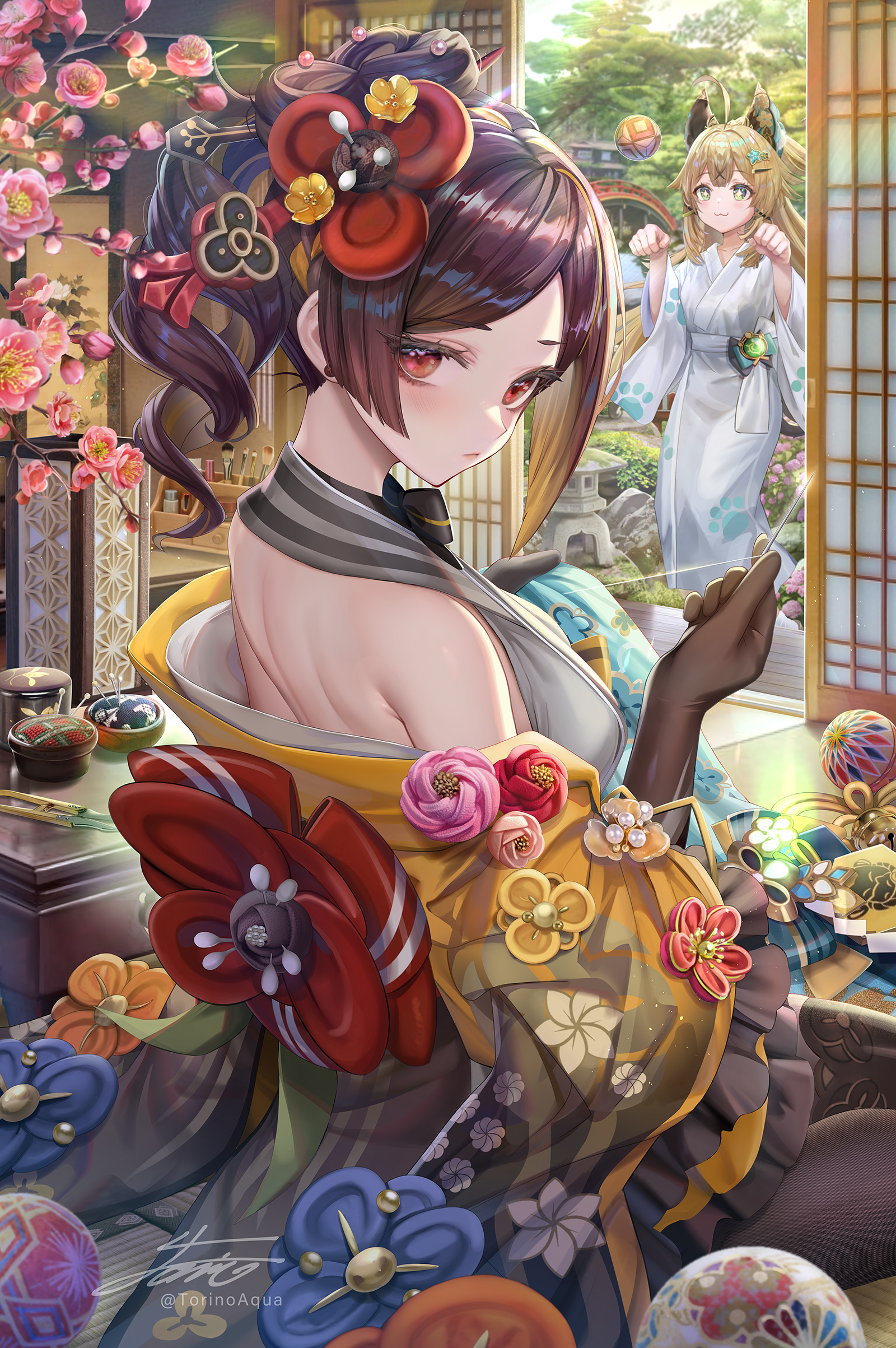 樱花树下,和服美女, 轻拈针线,梦织流年.#二次元美图