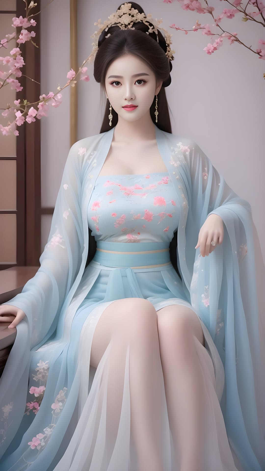 这位女性,头戴金色头饰,长发如瀑,美得如画