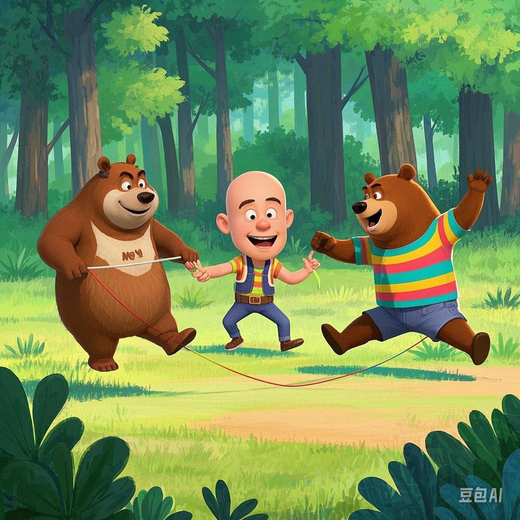 他顺着声音找过去,发现熊大熊二居然在空地上开心地跳着皮筋呢!