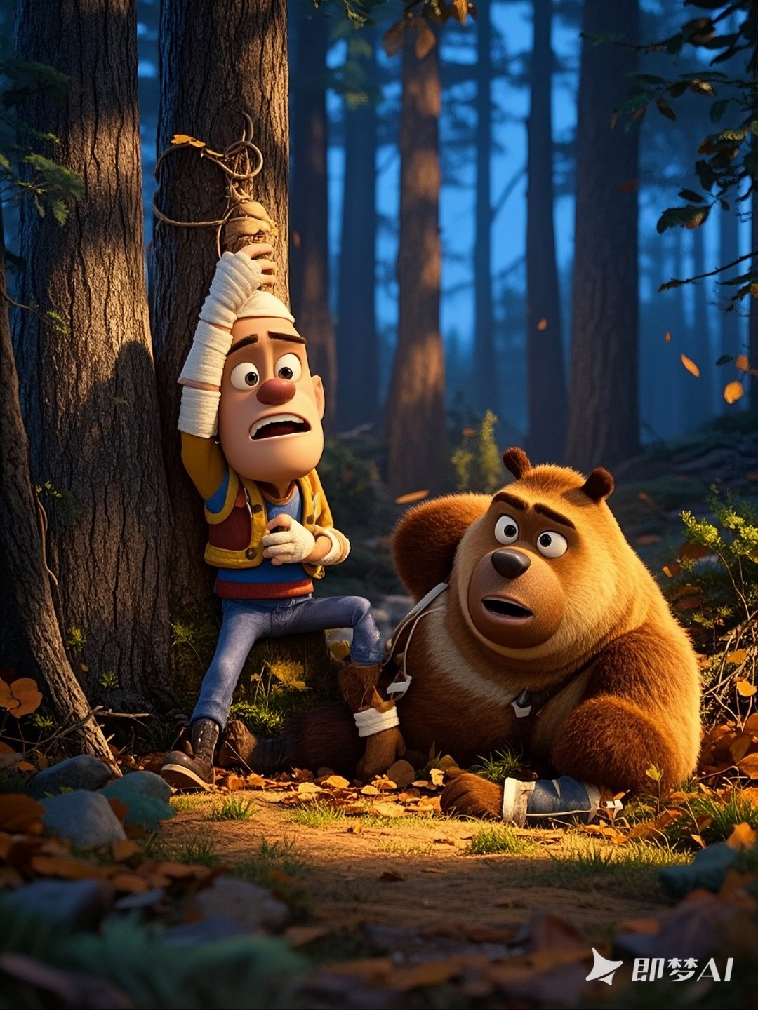 光头强和熊大熊二 熊:"嘿,人类,你这是在练什么奇怪的功夫,把头挂树上