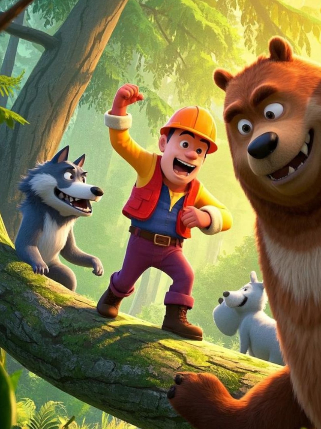 从林中传来一阵欢笑,光头强又在和熊大熊二闹,伐木工和熊的对抗赛充满