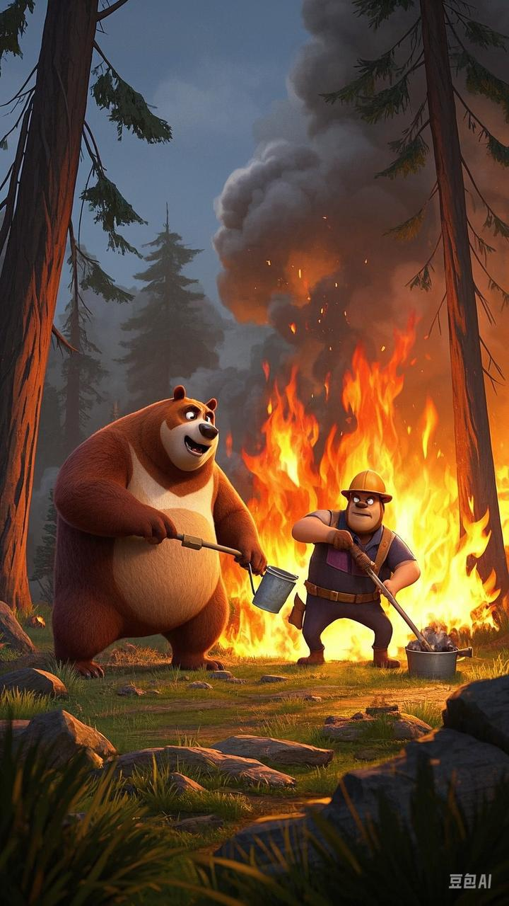"熊大,好像着火啦!"熊二着急地喊道