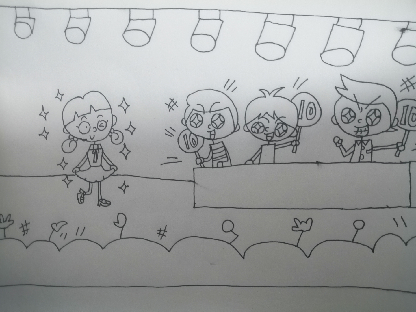 今令,手绘风,舞台上的小朋友们,表情生动,星星围绕,聚焦中央的小女生