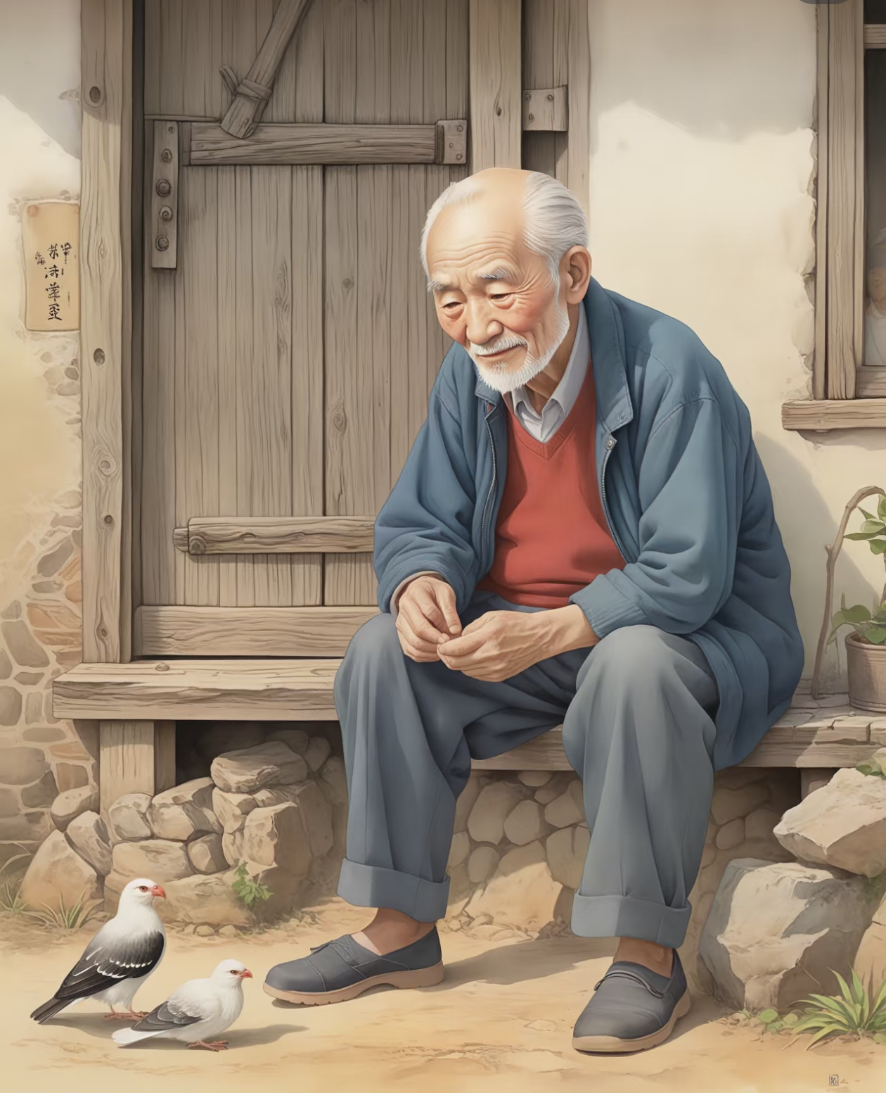 老人插画农村爷爷插画留守老头的卡通图片一个老爷爷坐着椅子扇着扇子