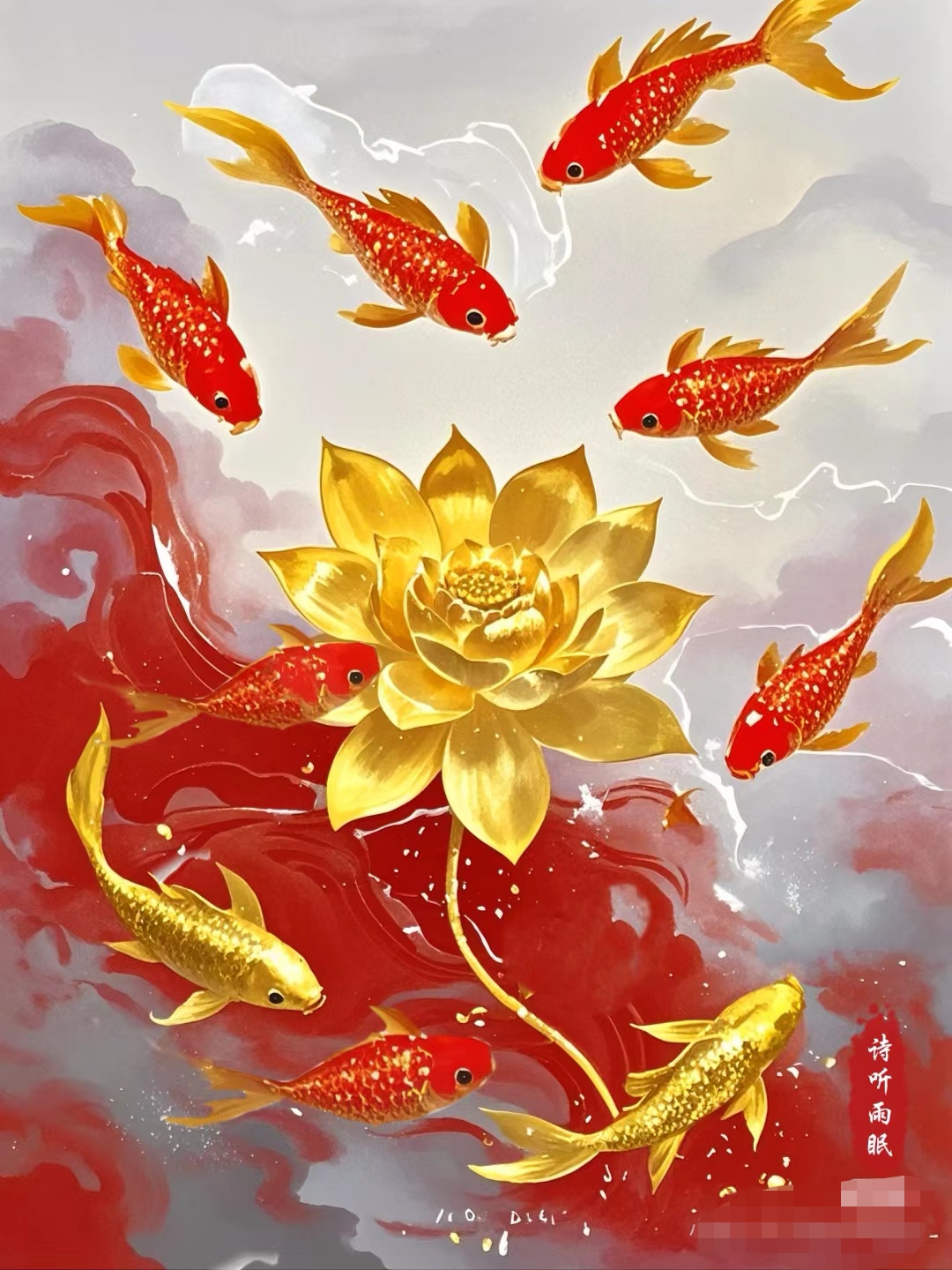 在中国文化里,荷花象征纯洁美好,锦鲤寓意好运连连