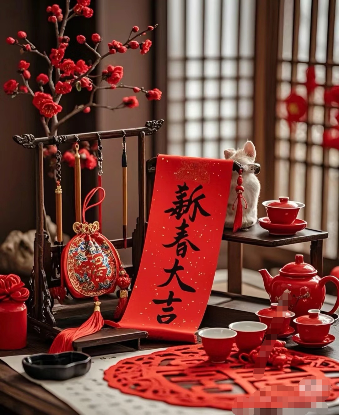 红梅绽放,喜庆的红春联"新春大吉"传递美好祝愿,精致的福字挂件与茶具