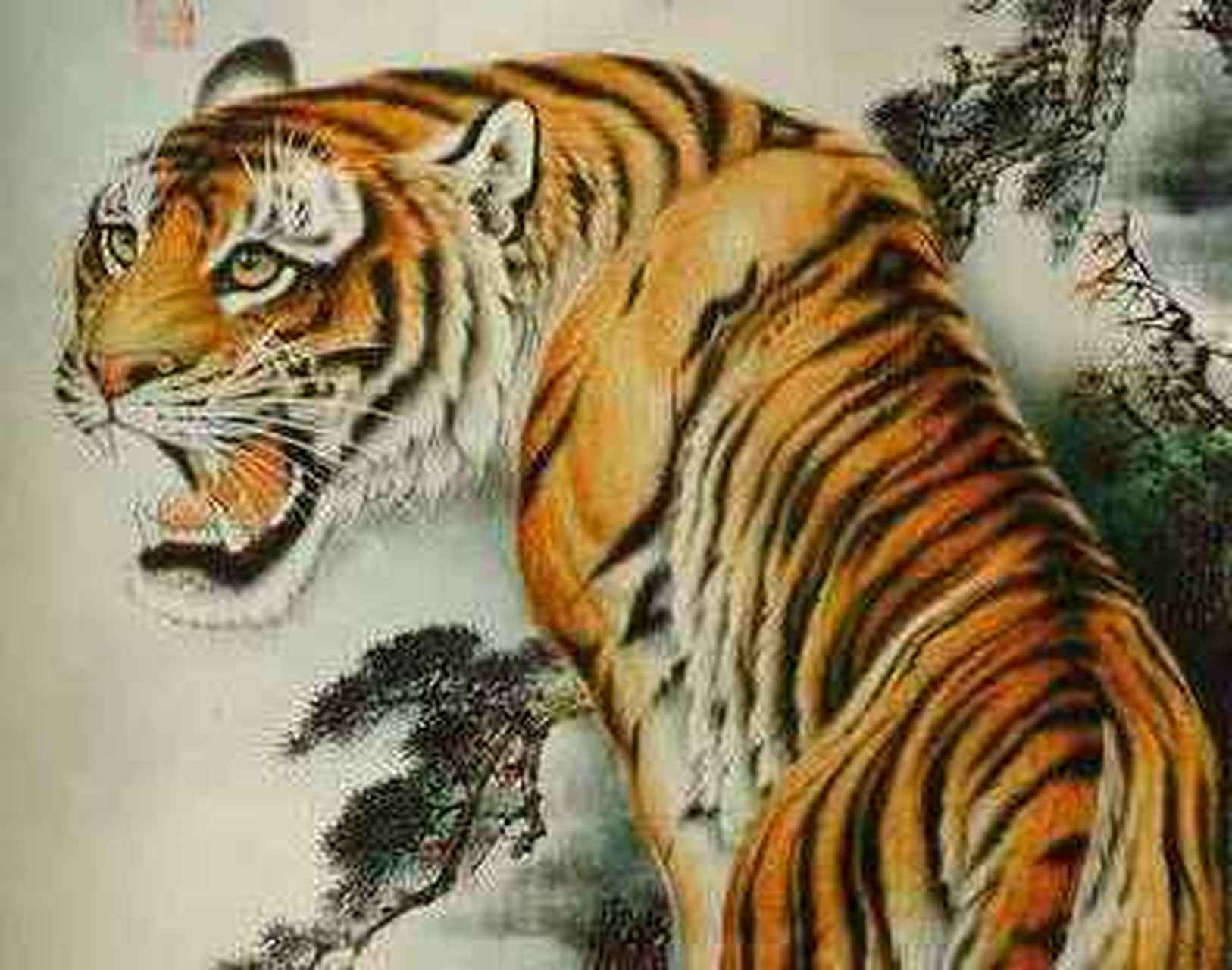 上山虎一般采用抬头望月的姿势,饰以松枝明月,显得宁静深远,寓意平安