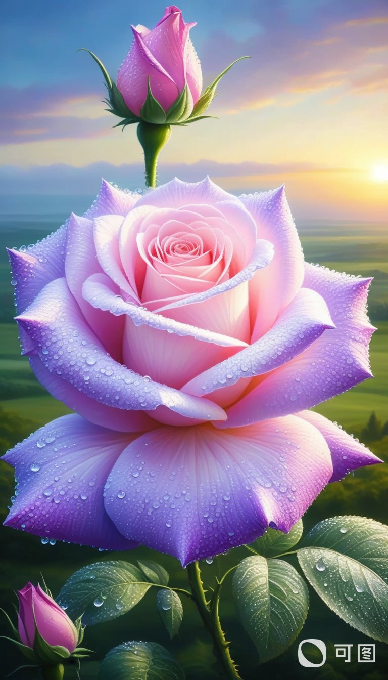 玫瑰系列二十三:清晨的露珠闪耀在两朵盛开的玫瑰花瓣上,粉色的花蕊