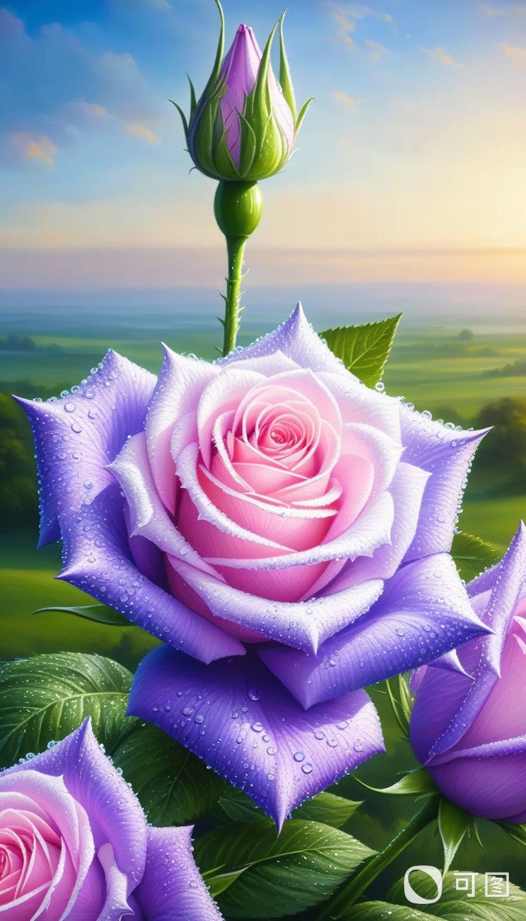 玫瑰系列二十三:清晨的露珠闪耀在两朵盛开的玫瑰花瓣上,粉色的花蕊