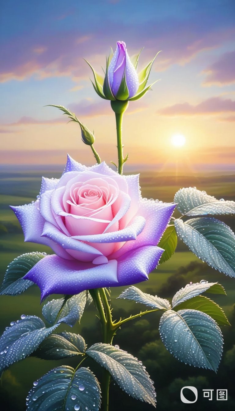 玫瑰系列二十三:清晨的露珠闪耀在两朵盛开的玫瑰花瓣上,粉色的花蕊