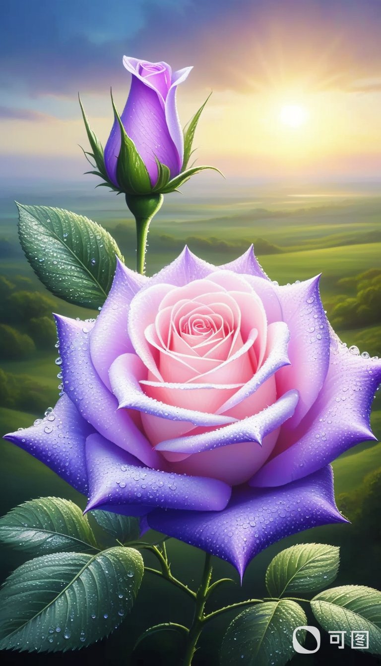 玫瑰系列二十三:清晨的露珠闪耀在两朵盛开的玫瑰花瓣上,粉色的花蕊