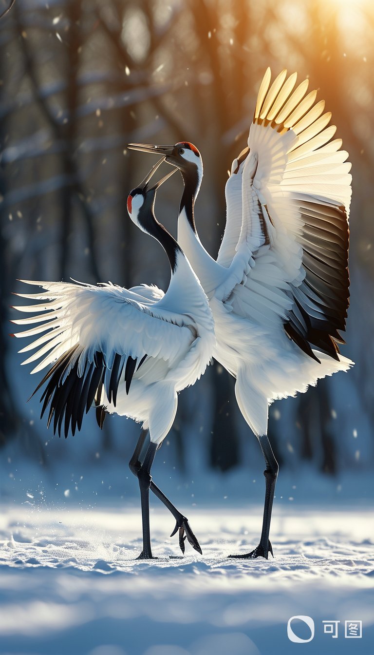 雪地里,两只优雅的鹤翩翩起舞,翅膀展开如画,"圆回"