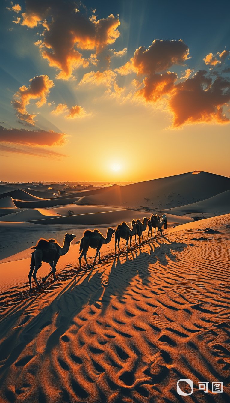 夕阳下,骆驼队悠然行走在金色沙丘,远行