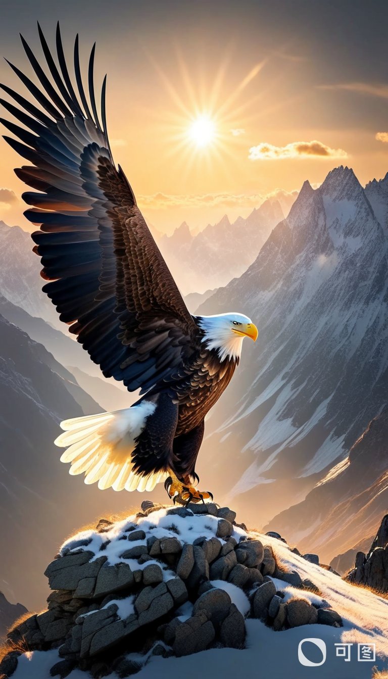 雄鹰,展翅高飞,山巅之上的雄鹰,迎接晨曦的第一缕光