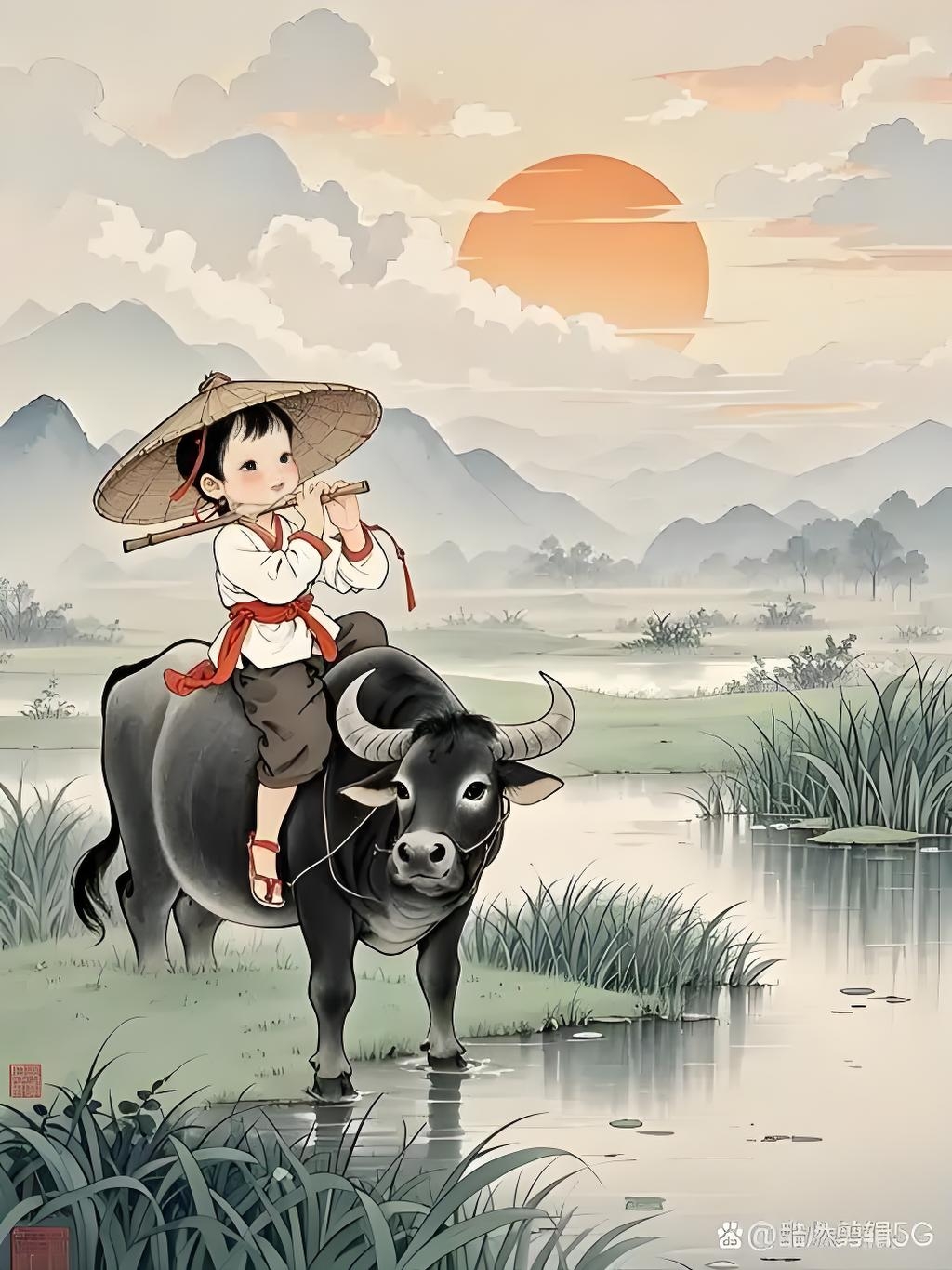 牧童骑牛笛声远, 夕阳徐将晚霞收. 自古心宽烦恼少, 富贵名利莫强求