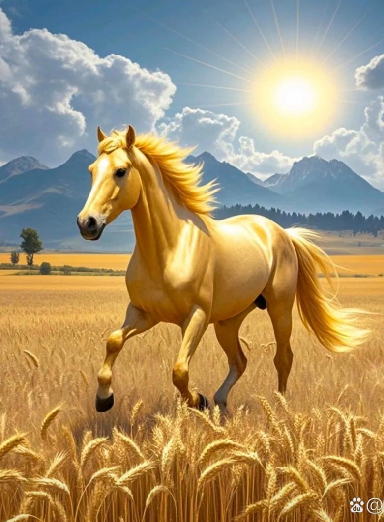 金色的大马在黄色的麦田里尽情奔跑.麦浪滚滚,马鬃飞扬