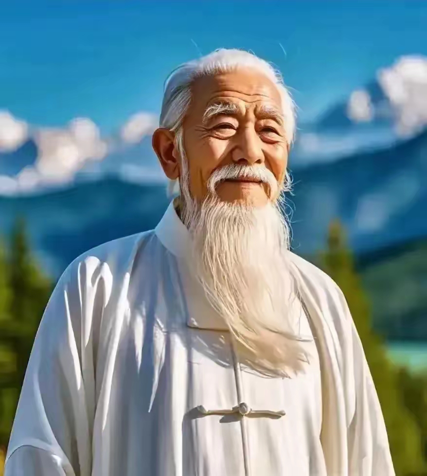 白胡子老爷爷站在湖光山色间,自带仙风道骨气质