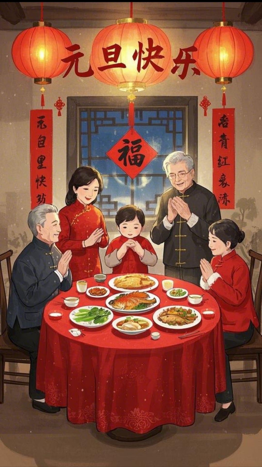 看,一家人围坐红色圆桌旁,长辈慈祥的笑容,晚辈恭敬的