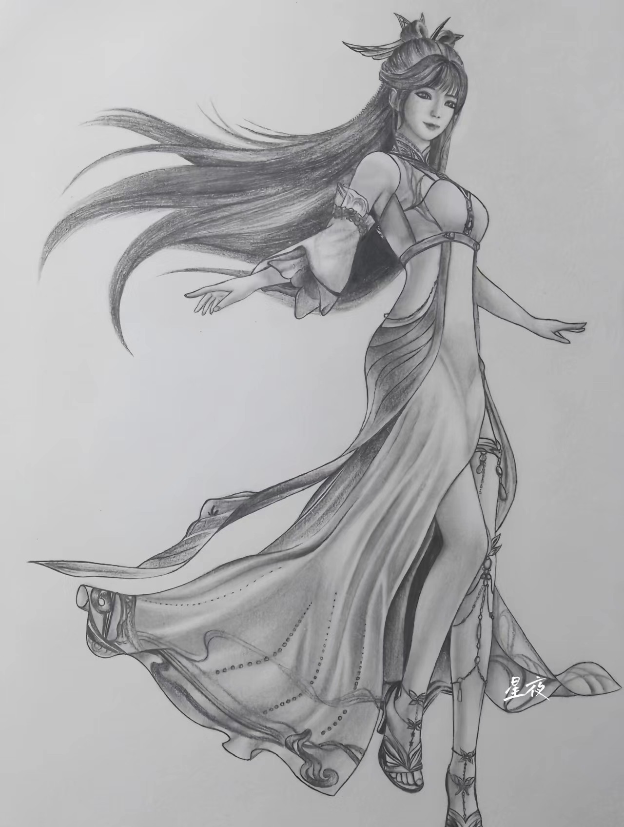 王冬儿素描画!在这幅星夜下,她轻舞飞扬,如同精灵般自由