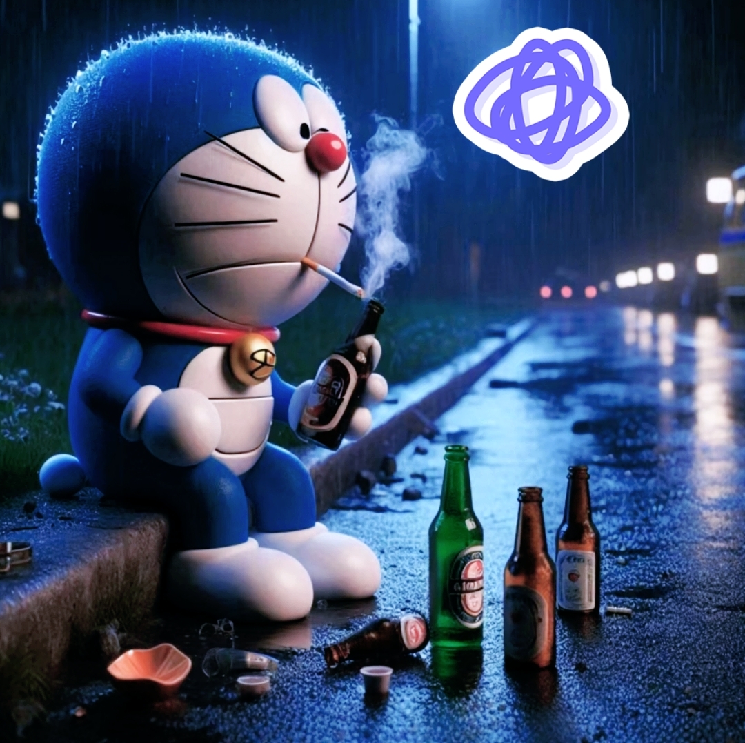 雨夜街头,哆啦a梦愁眉深锁,烟雾缭绕中,空酒瓶诉说着往昔欢乐,一旁的