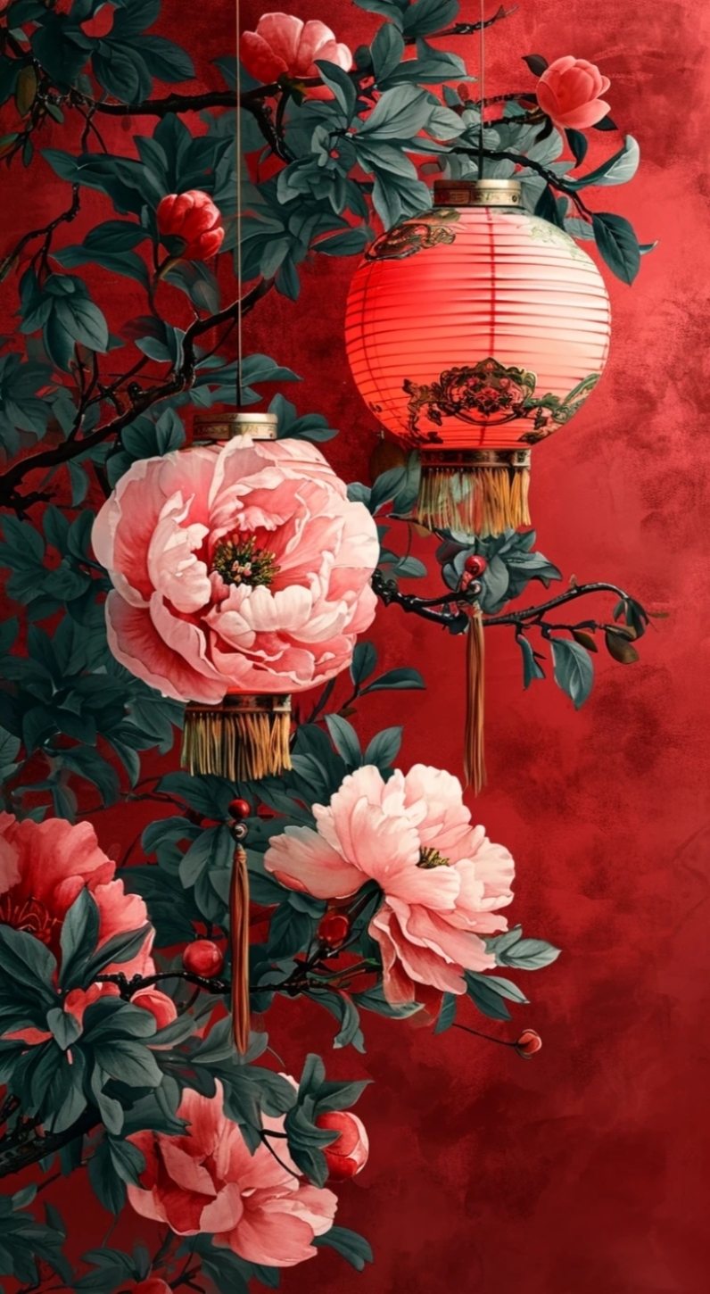 🌺大红灯笼高高挂,粉色花朵笑颜开,蓝叶绿叶相映衬,春意盎然入心怀
